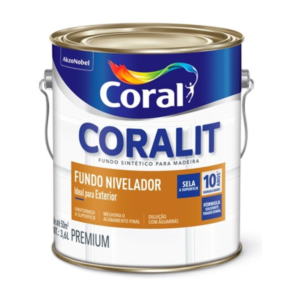 Fundo Sint&eacute;tico Nivelador Fosco para Madeira Coralit 3,6L Branco Coral
