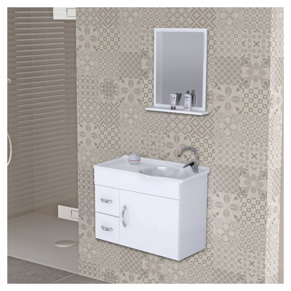 Gabinete Suspenso para Banheiro com Lavat&oacute;rio e Espelheira Siena 55,5cm Branco A.J. Rorato