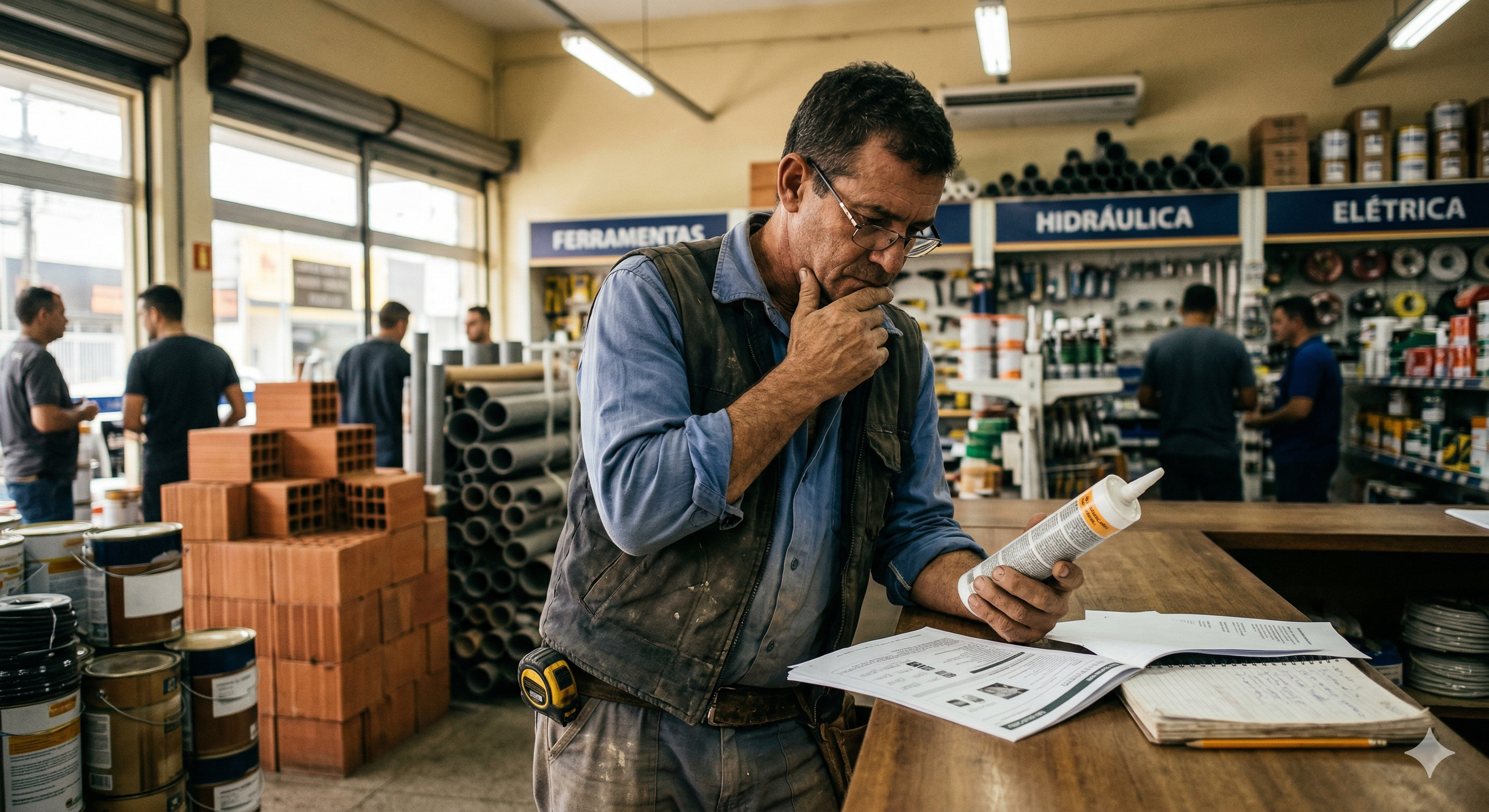 Profissional da construção analisando materiais antes da compra