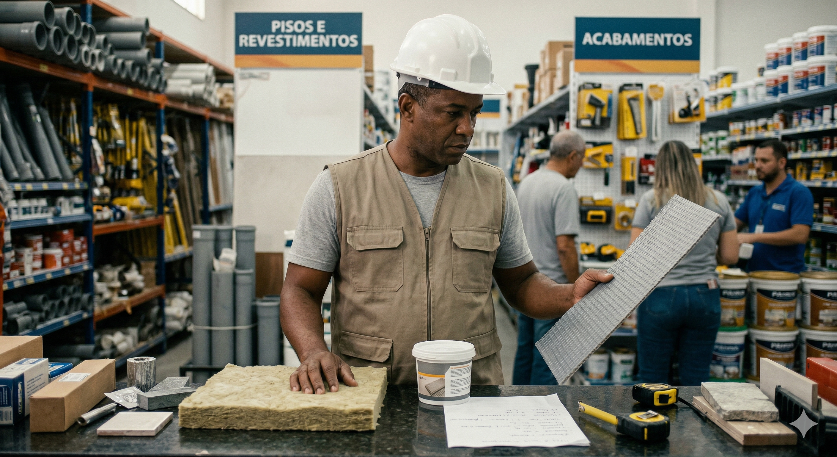 Profissional comparando materiais de construção antes da compra